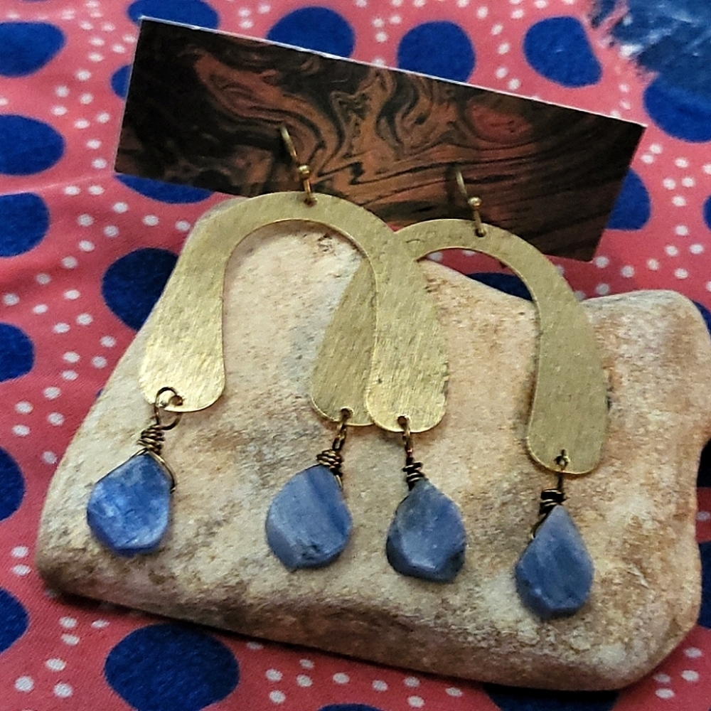 Kyanite and Brass arc earrings